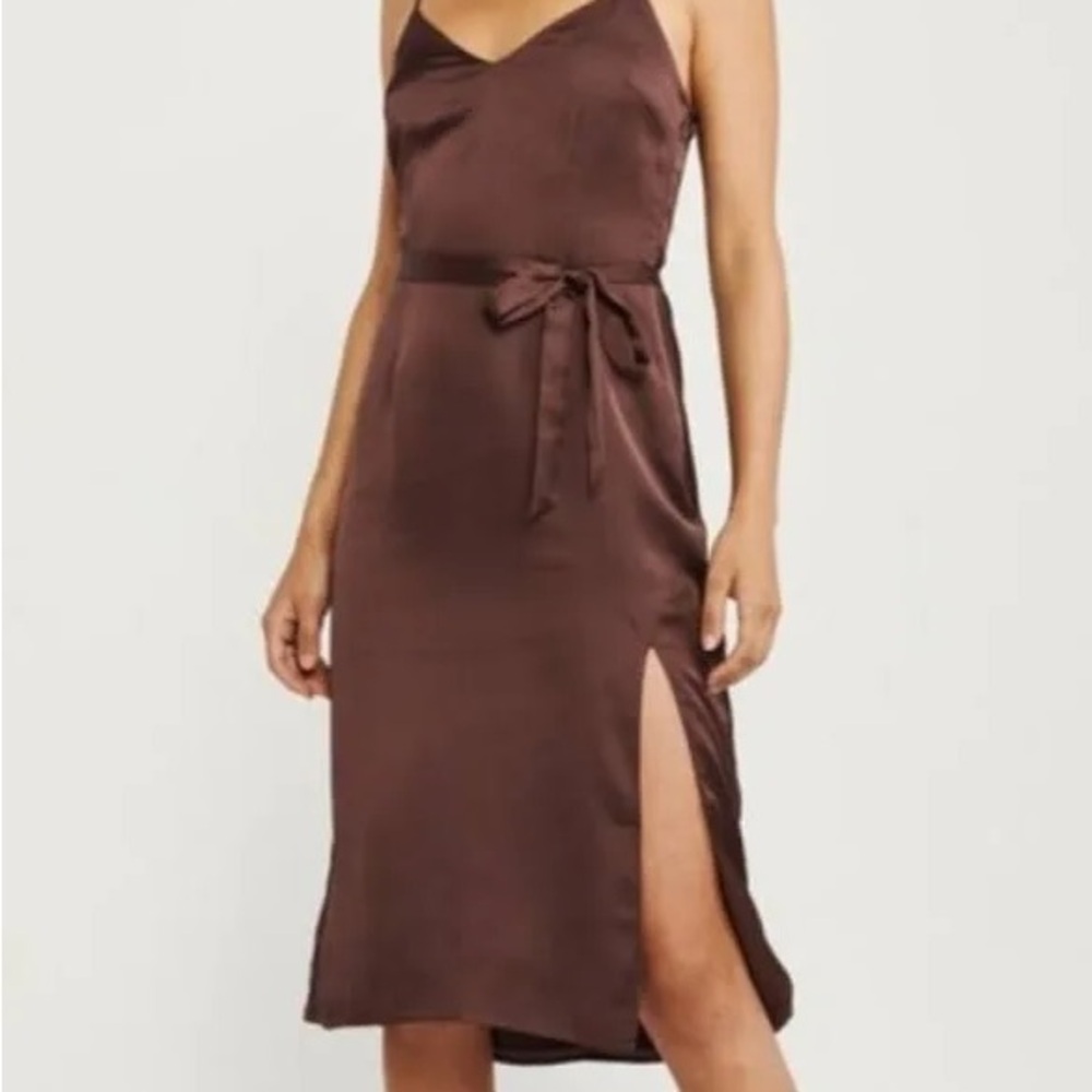 Abercrombie & Fitch Brown Satin Midi Dress with Side Slit